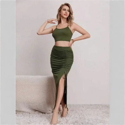 Elegant slim fit sleeveless split mid-length dress set for women in various colors