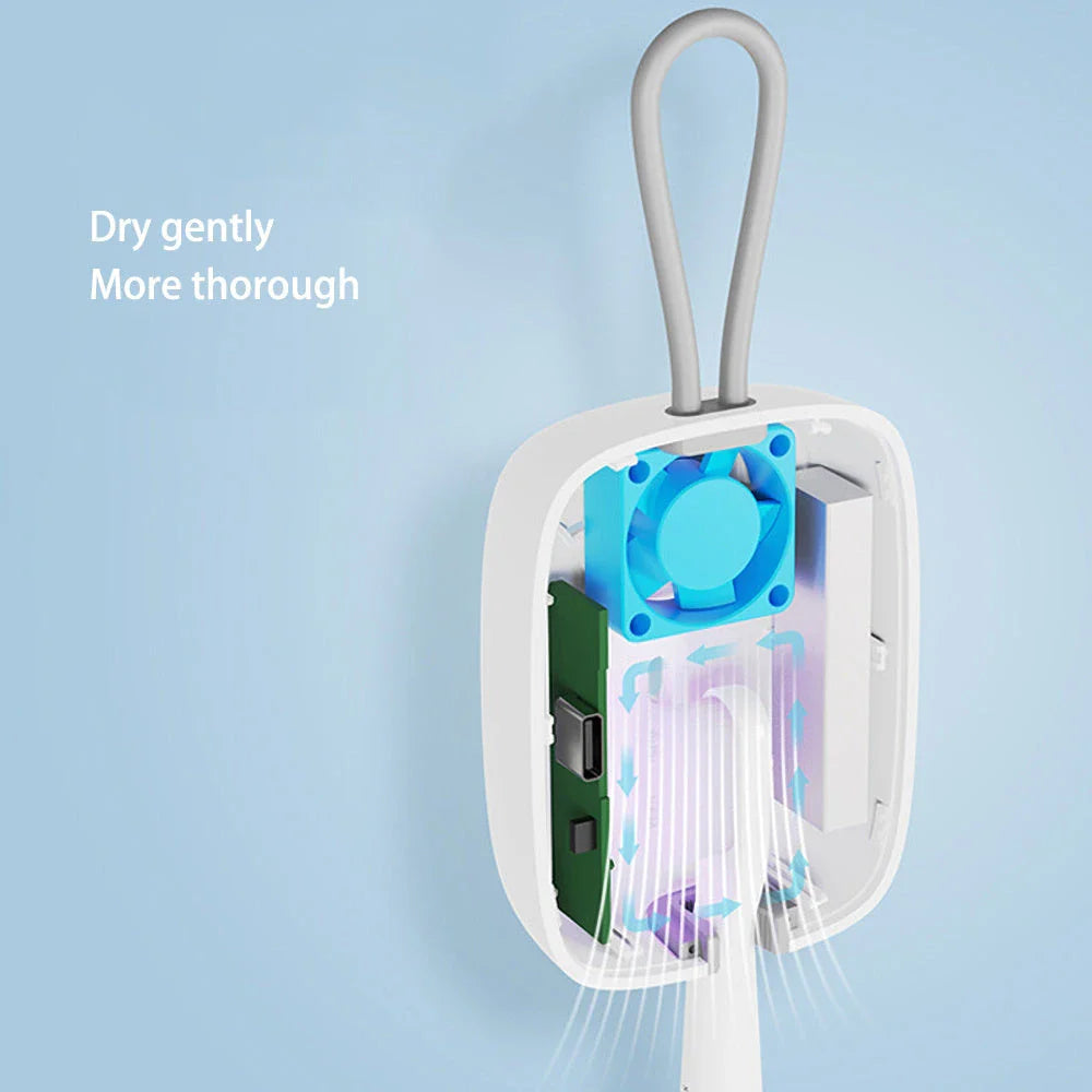Premium UV sterilising electric toothbrush holder in green, pink, and white colours with built-in drying fan for sanitised and dry toothbrushes