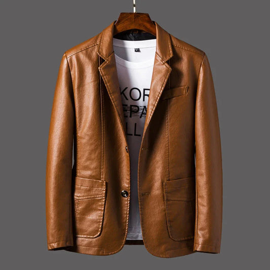 A stylish leather jacket with a unique studded lapel design, perfect for autumn and winter wear.