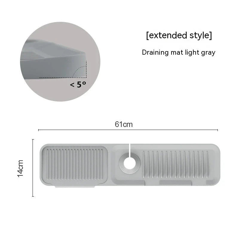 Premium silicone faucet splash guard with sloped design and dual drainage channels to prevent sink splashes and keep countertops dry.
