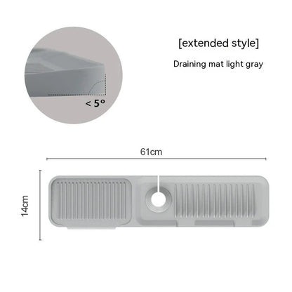 Premium silicone faucet splash guard with sloped design and dual drainage channels to prevent sink splashes and keep countertops dry.