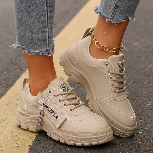 Women's lace-up sports sneakers with side-zipper in white, black, and cream white