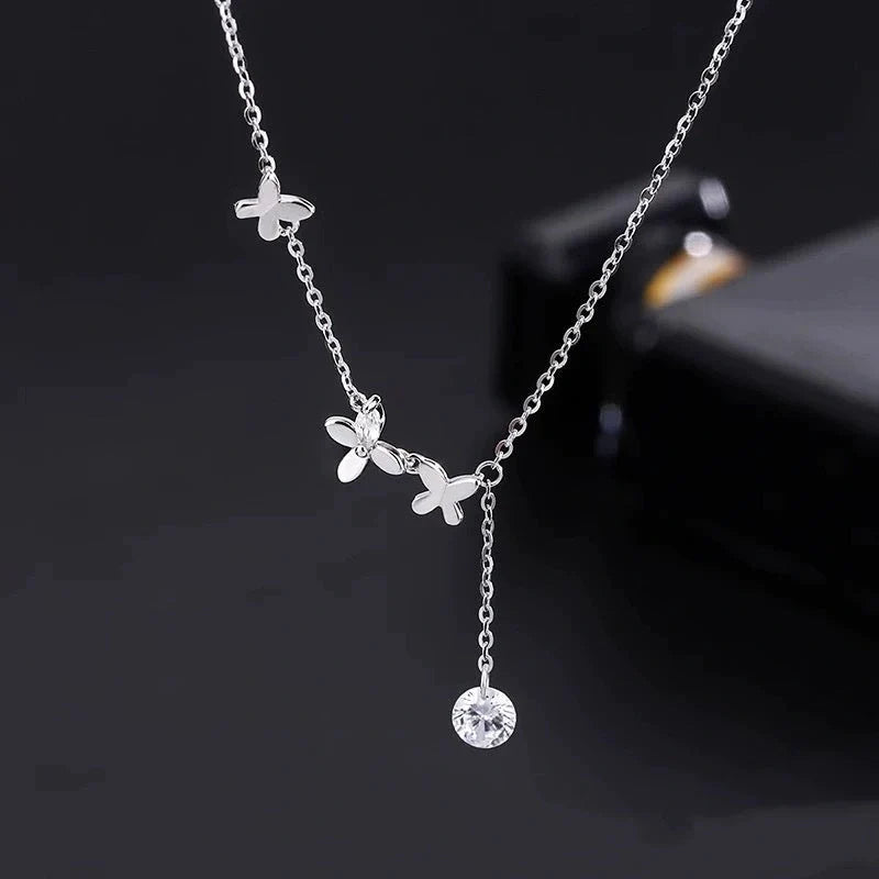 S925 Sterling Silver Butterfly Zircon Anklet with Flower Tassel in white gold colour
