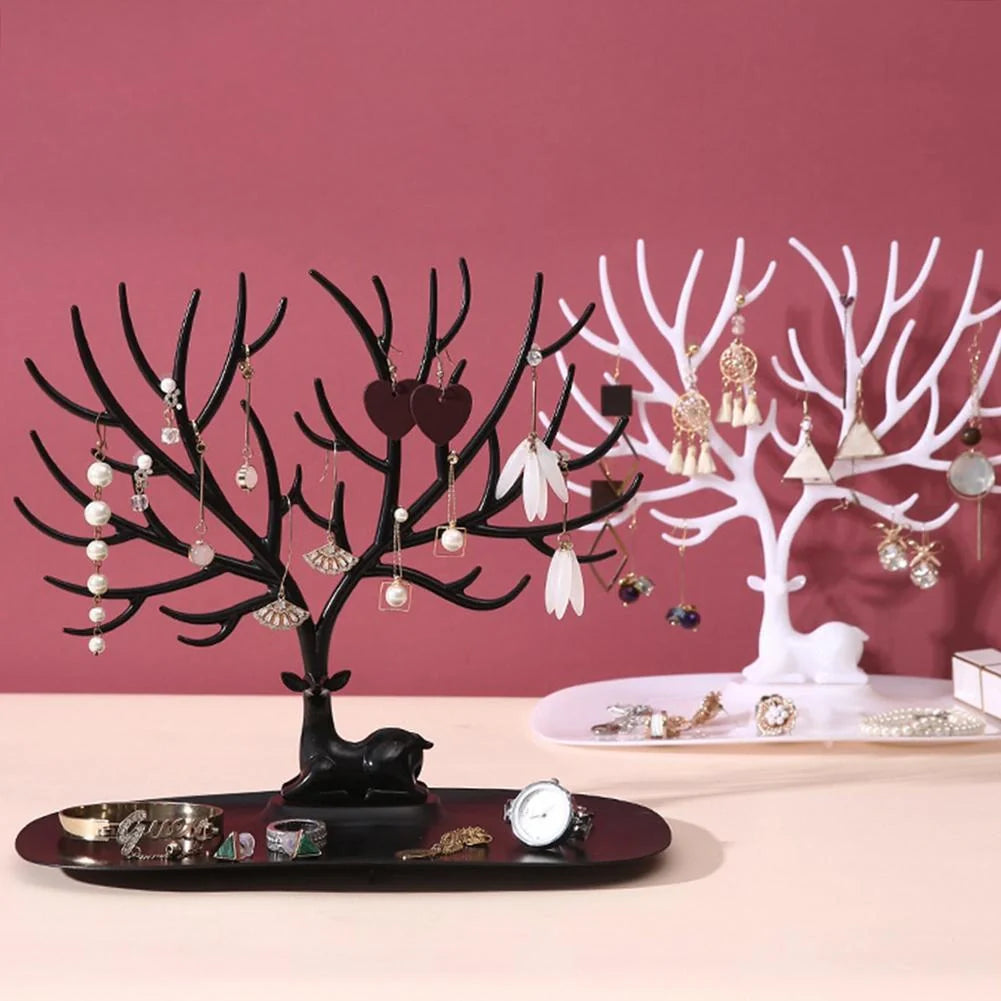 Deer Antler Jewelry Stand in white and black, displaying necklaces and earrings