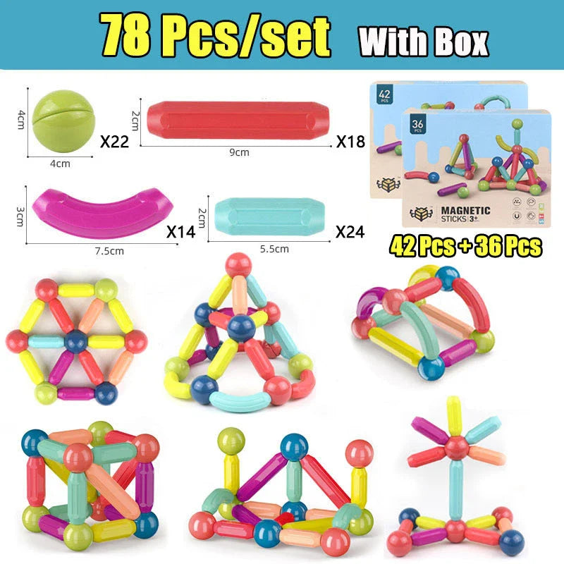 Versatile magnetic construction set with various building blocks and rods, allowing children to create imaginative structures and models