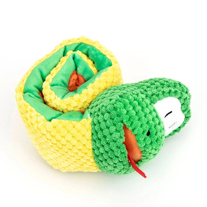 Snake-shaped polar fleece snuffle toy for dogs with foraging treats