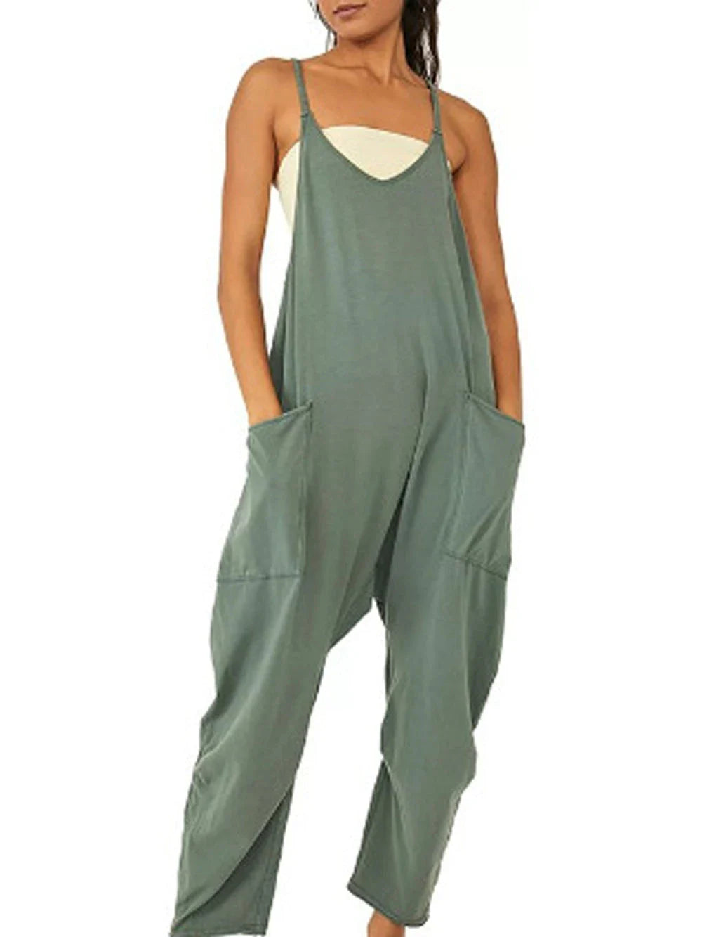 Sleeveless jumpsuits for women in a variety of colors, including black, gray, green, brown, orange-red, light blue, purple, and dark gray