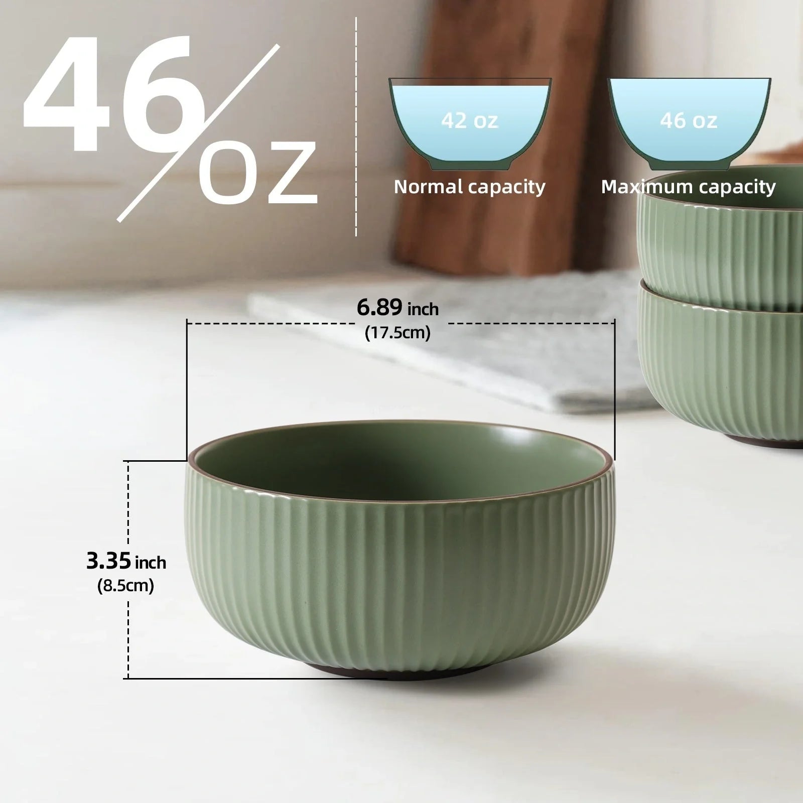 Set of 4 ceramic kitchen bowls, 46oz each, in grey and green, microwave and oven safe