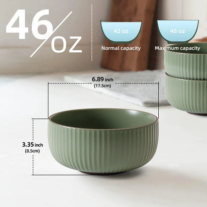 Set of 4 ceramic kitchen bowls, 46oz each, in grey and green, microwave and oven safe