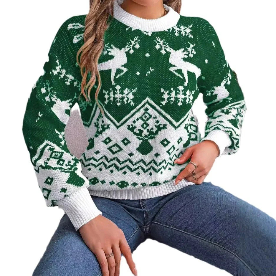 2025 Autumn Winter Deer Pattern Long Sleeve Hoodie for Women in red and green