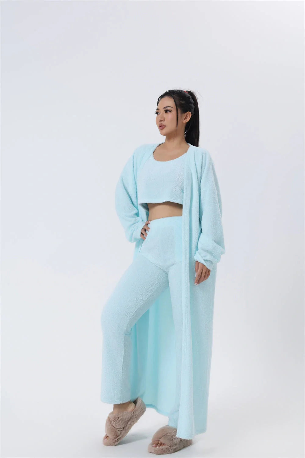 Cozy 3-piece pajama set in variety of pastel colors including pink, camel, black, light blue, red, and white