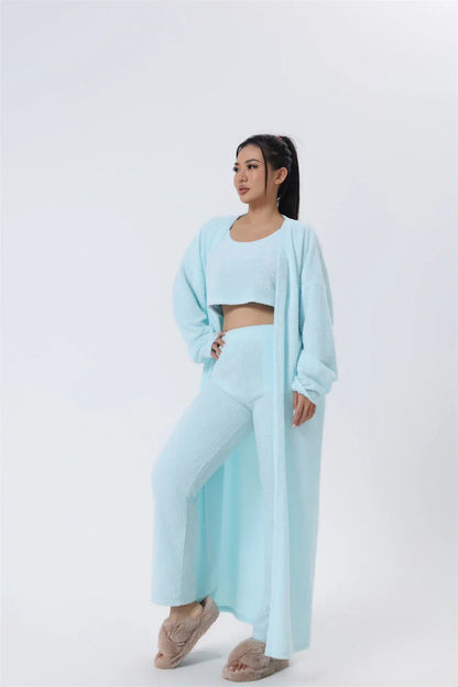 Cozy 3-Piece Lounge Set in soft, fluffy cotton-polyester blend with cropped top, wide-leg pants, and matching cardigan in various pastel colors