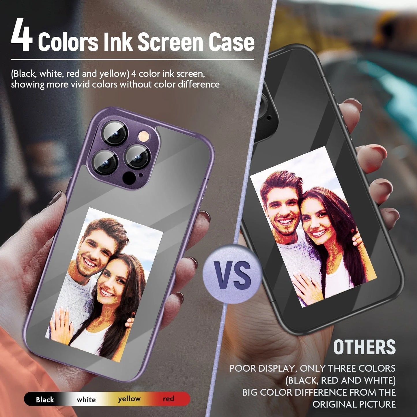 Custom NFC Ink Screen Flip Phone Case for iPhone 15 Pro and Pro Max in black and purple