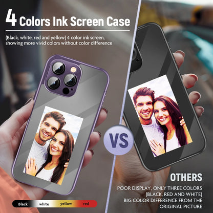 Custom NFC Ink Screen Flip Phone Case for iPhone 15 Pro and Pro Max in black and purple
