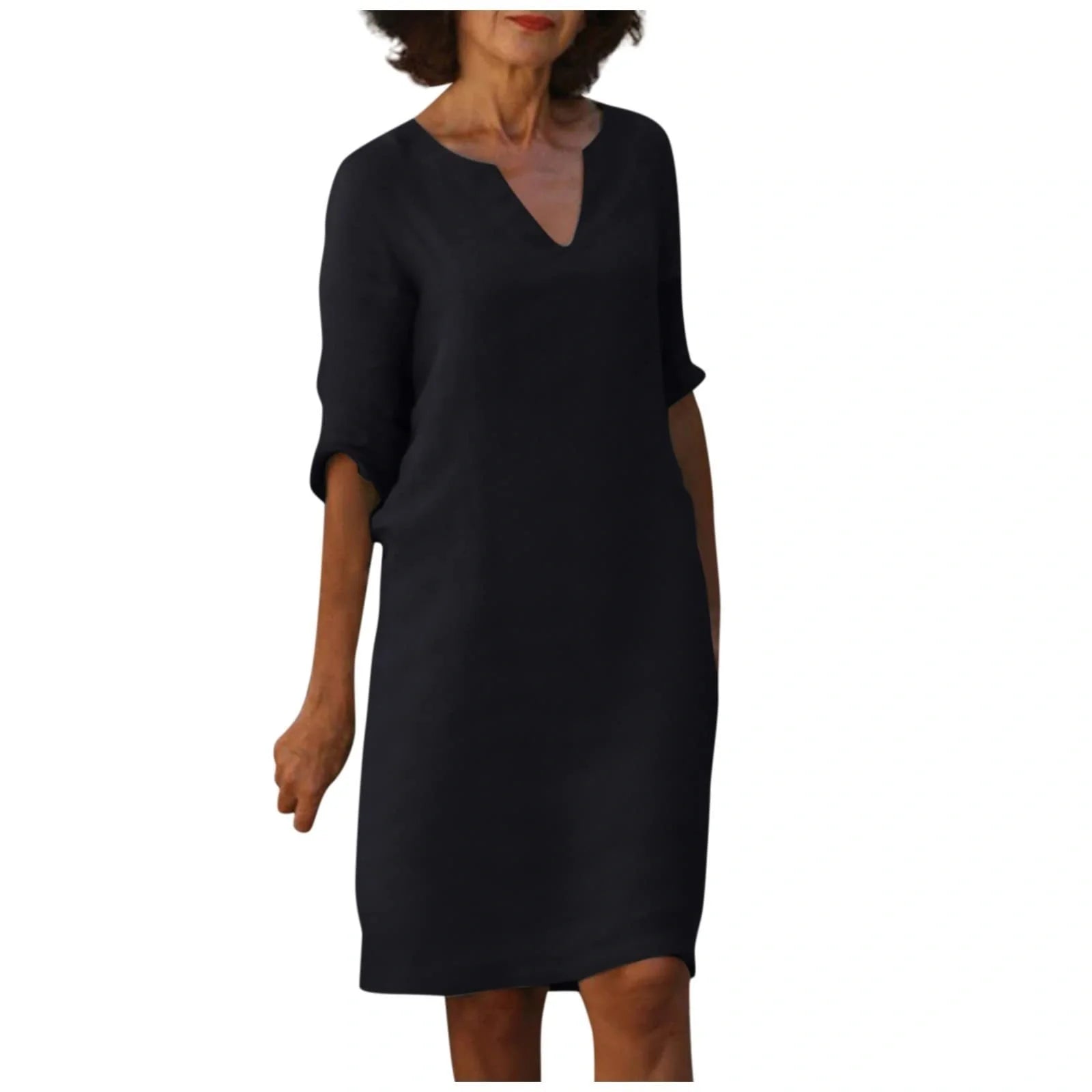 Retro high waist cotton-linen V-neck dress in various colours