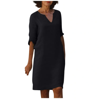 Retro high waist cotton-linen V-neck dress in various colours