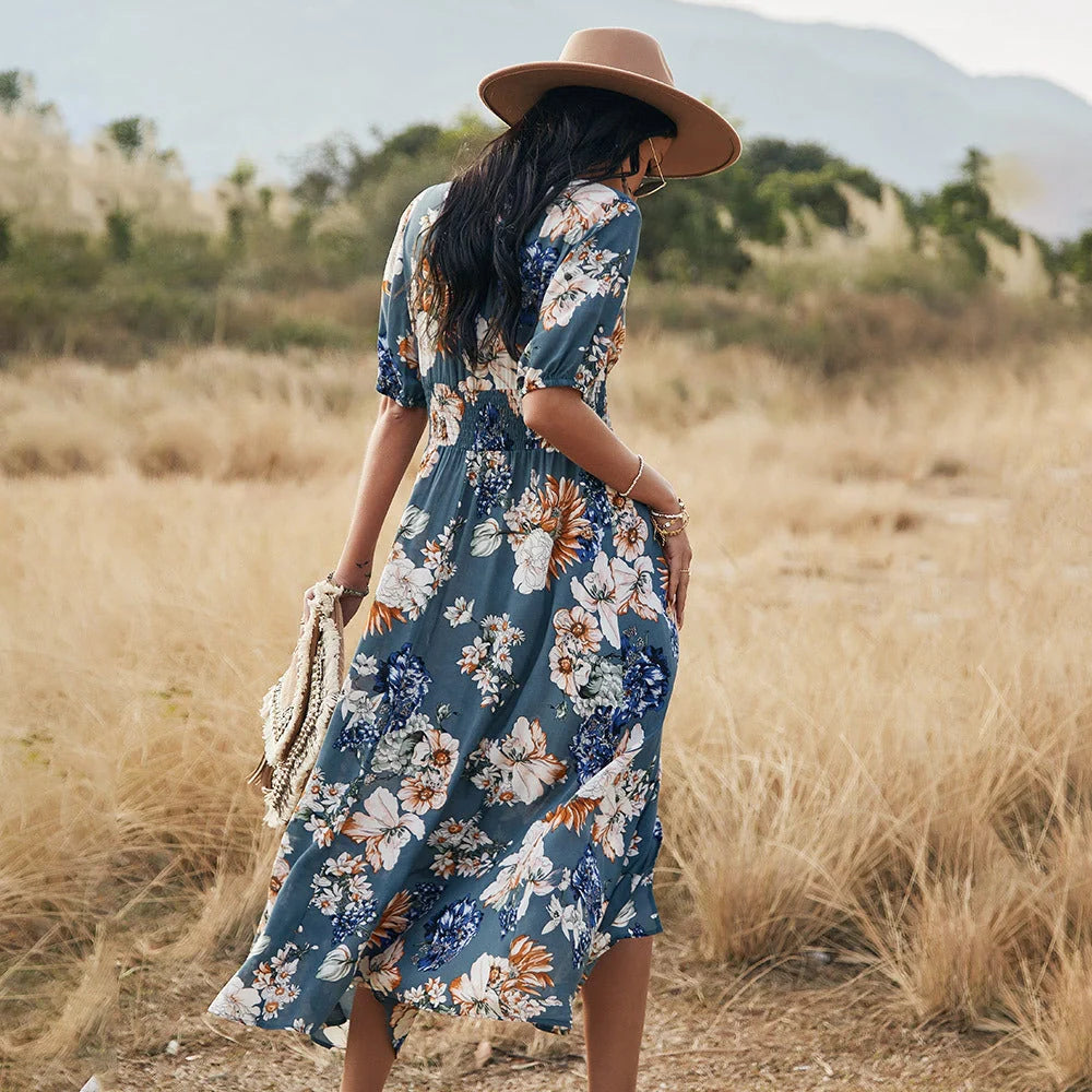 Floral summer beach dress with V-neck and elastic waist for women