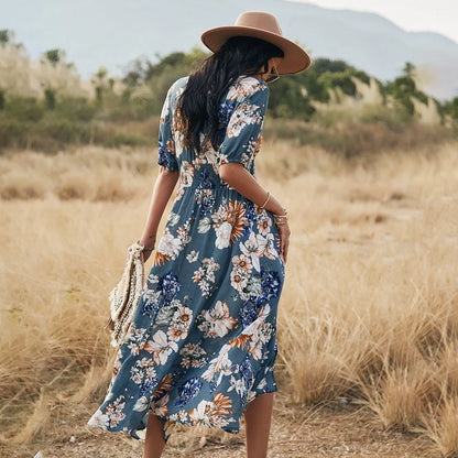 Floral summer beach dress with V-neck and elastic waist for women