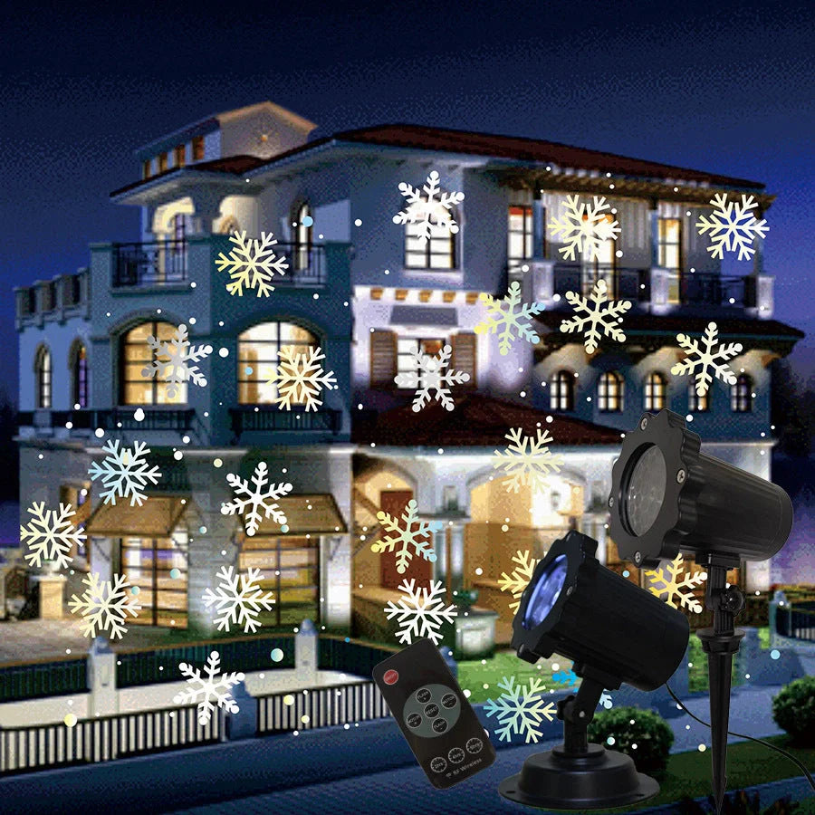 LED Christmas Blizzard Snowflake Laser Light Projector illuminating a garden with white snowflake patterns