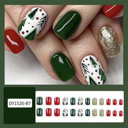24pcs Christmas false nails with hat striped snowflake design for holiday parties