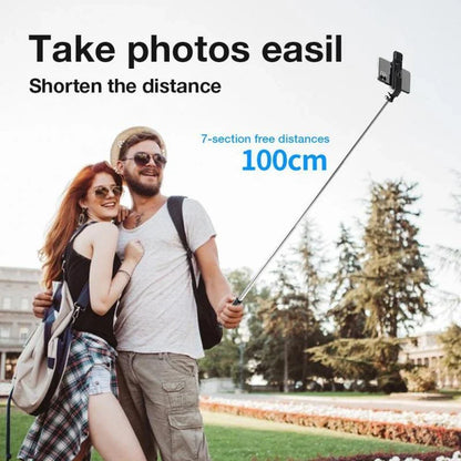 Adjustable Bluetooth selfie stick with remote control and tripod for iPhone, ideal for capturing full-body and hands-free mobile photos