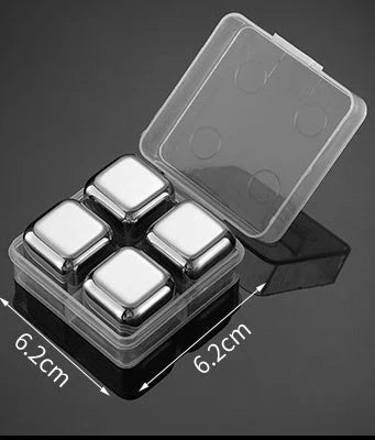 Premium stainless steel whisky chilling stones set in various shapes and sizes, including square, circular, heart, and diamond-shaped stones
