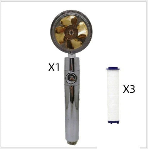 A high-pressure shower head with a stop button, cotton filter, and powerful water pressure for a luxurious bathing experience.