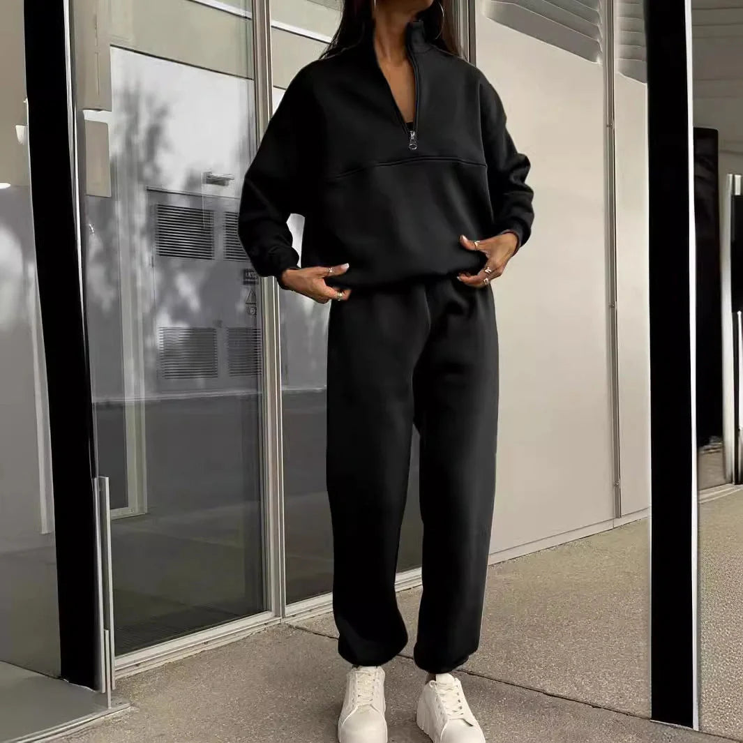 Women's long-sleeved sports sweatshirt suit with stand-up collar and elastic band trousers