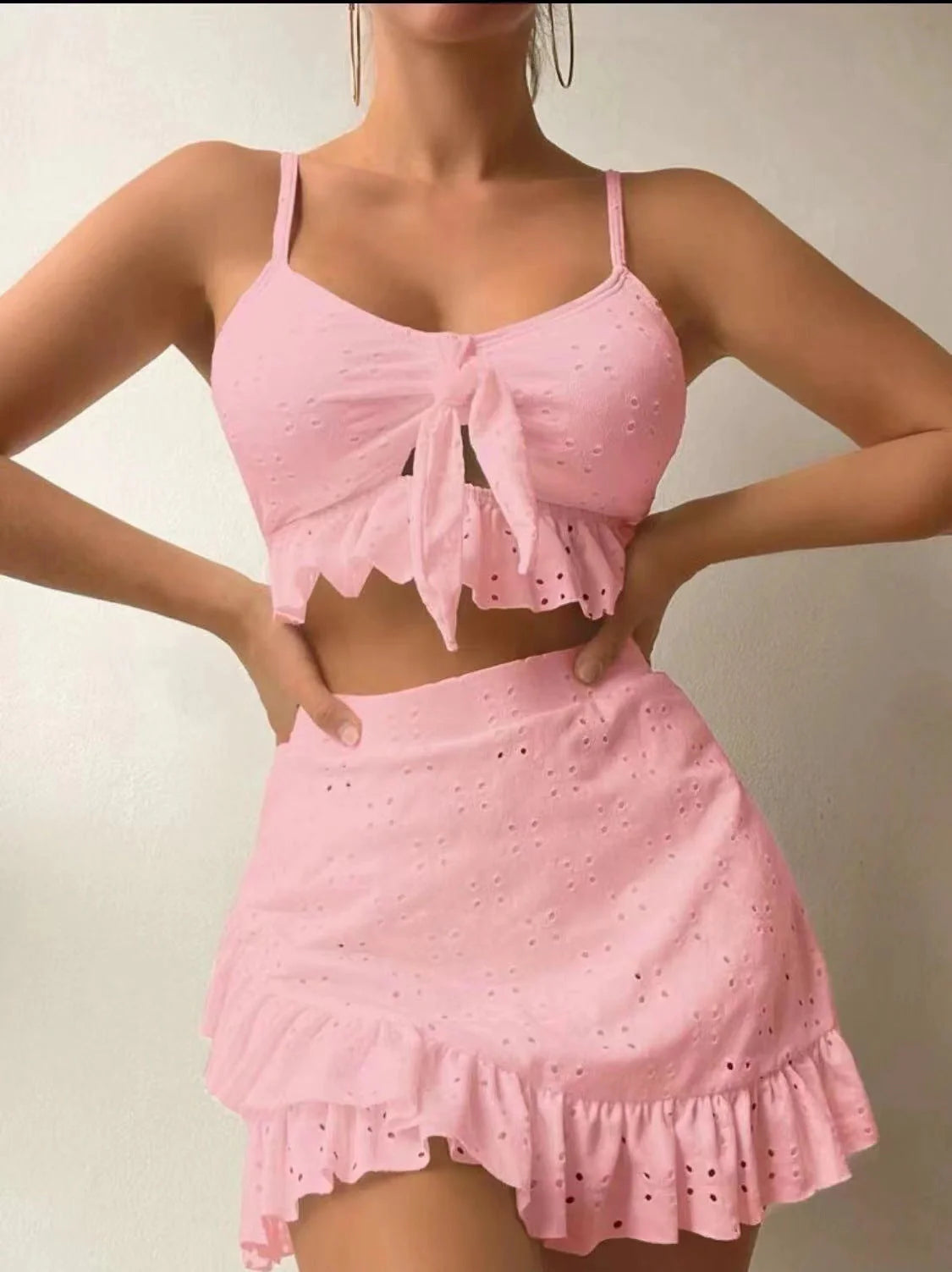 3-piece beach bikini set with hip-hugging skirt and ruffle design in various colours