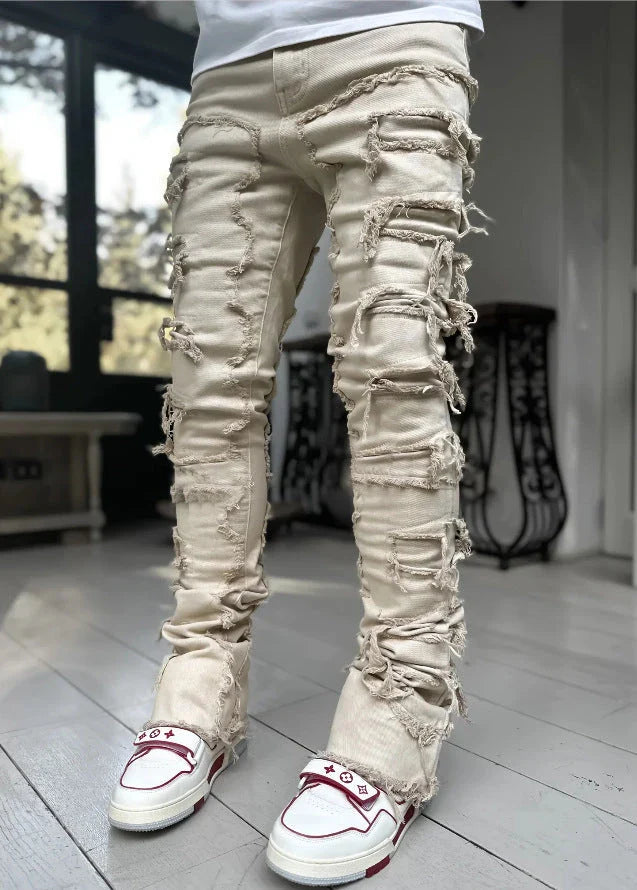 Stylish patched jeans with tight fit and stacked leg design in a variety of fashionable colors