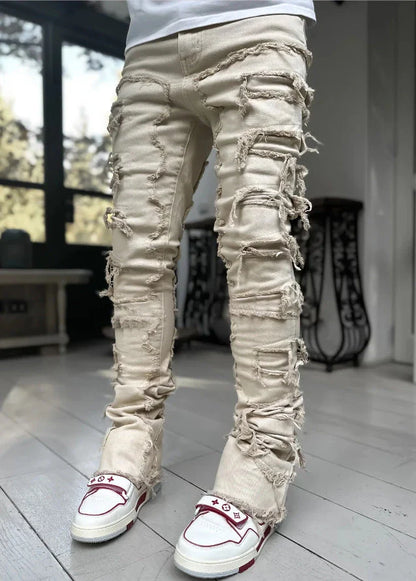 Stylish patched jeans with tight fit and stacked leg design in a variety of fashionable colors