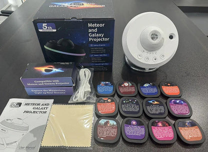 A dynamic galaxy projector that transforms any space into a captivating celestial display with 13 stunning film effects, motorized rotation, and adjustable color modes.