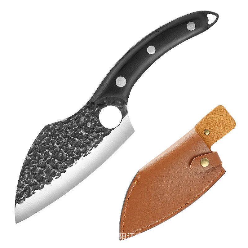 Forged High Carbon Steel Outdoor Bending Knife with PU leather cover and cowhide box