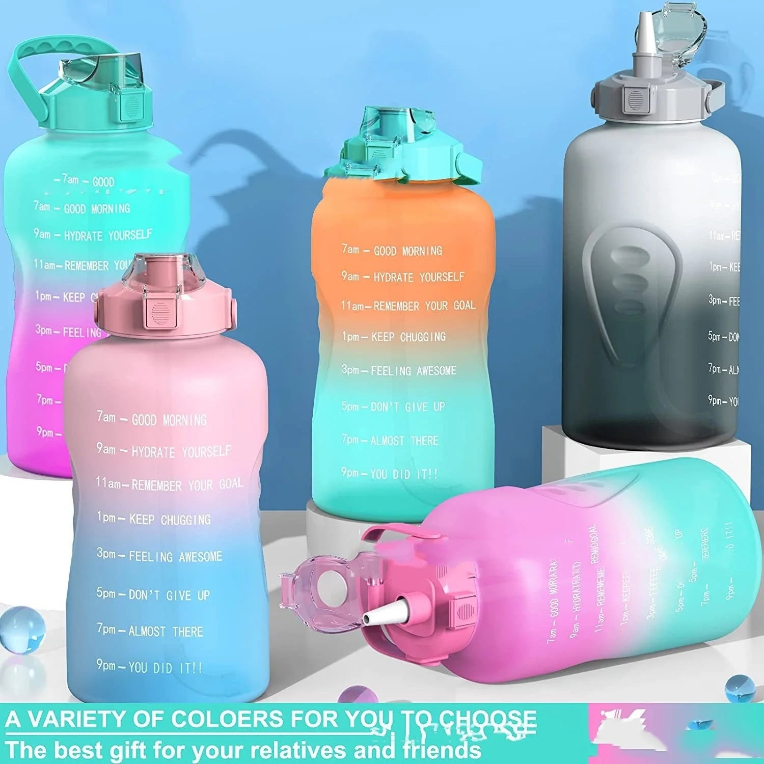 2.2L Large Capacity Half Gallon Plastic Space Cup with time markings and gradient colours