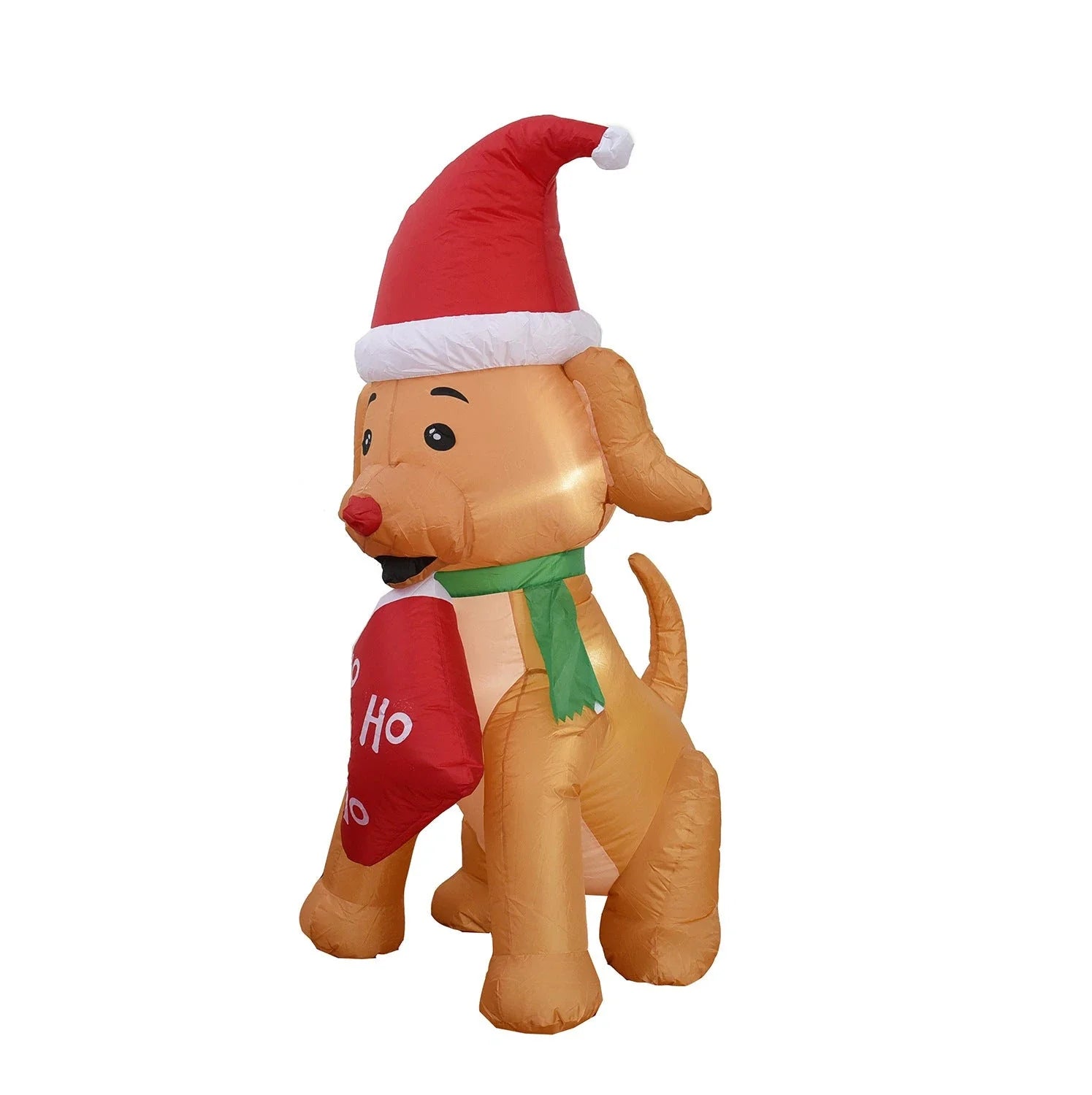 Inflatable Christmas bear decoration with LED lights, sand bag, and ground stakes for secure outdoor display