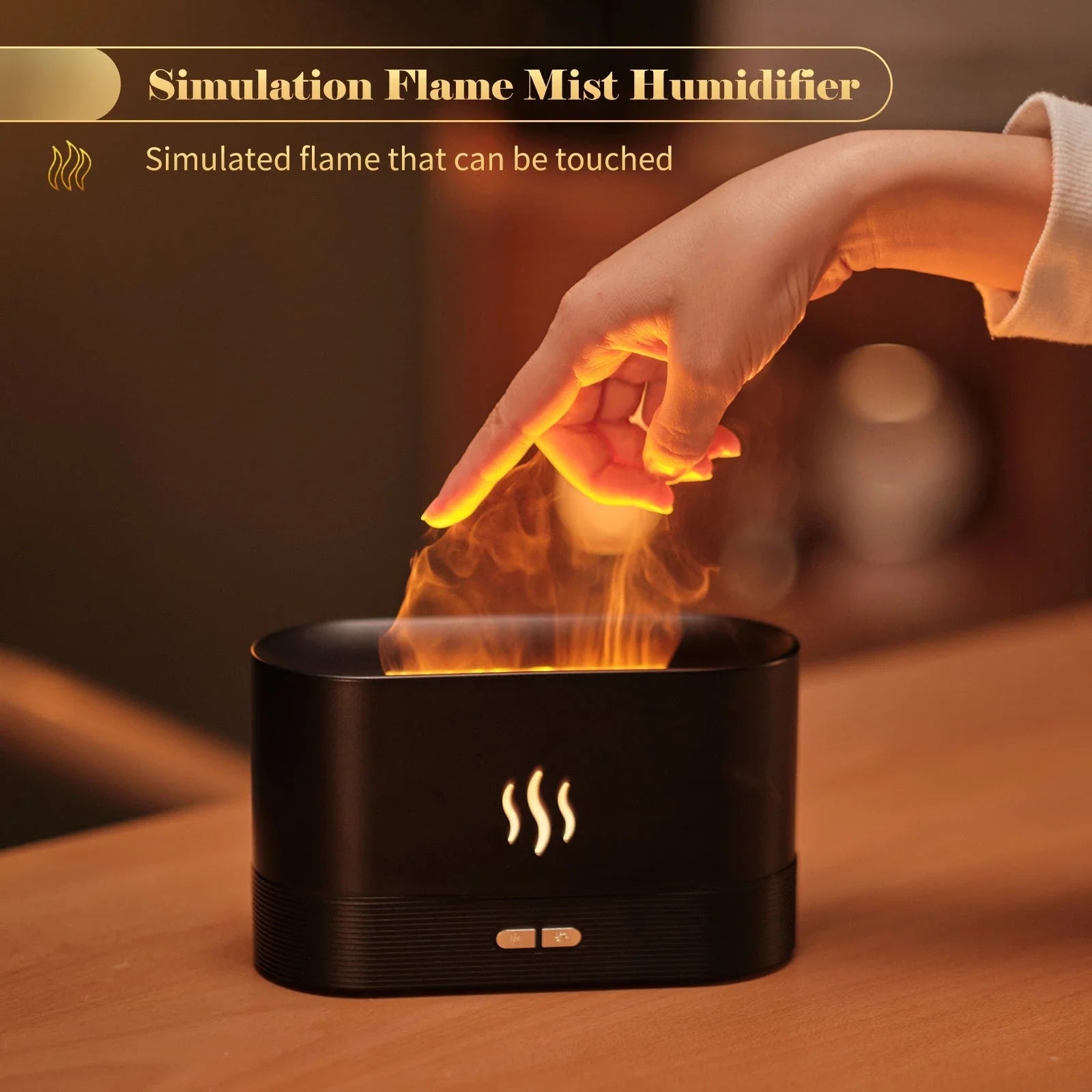 Elegant mist diffuser with realistic flame effect, designed for relaxation and aromatherapy in home, office, or yoga studio