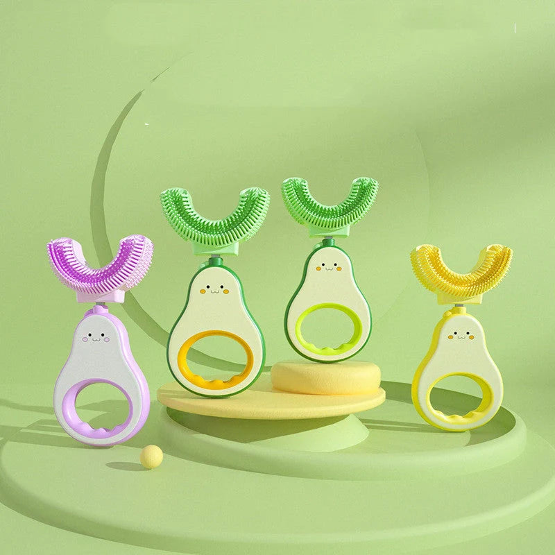 U-shaped silicone baby toothbrush in cheerful colours for gentle teeth cleaning