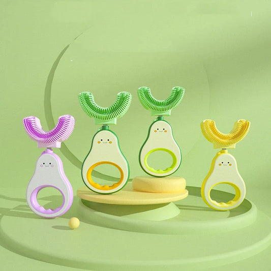 U-shaped silicone baby toothbrush in cheerful colours for gentle teeth cleaning