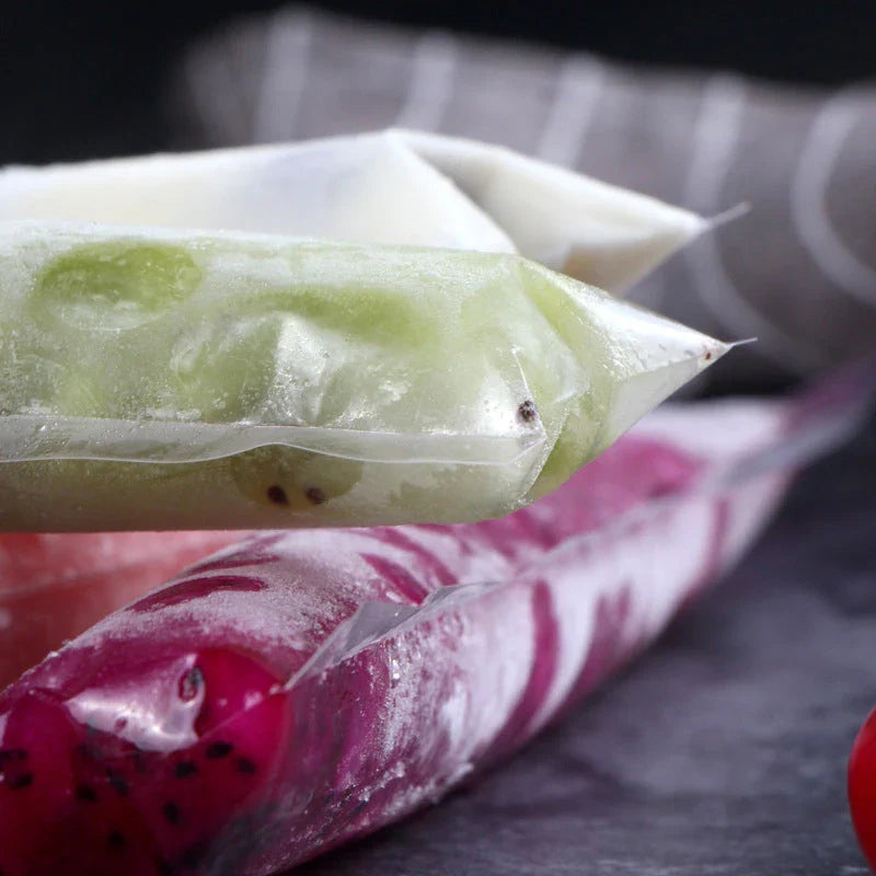 Disposable popsicle molds made of durable plastic with self-sealing design, allowing you to easily make homemade frozen treats in a variety of flavors