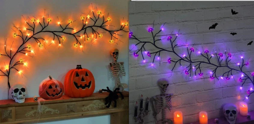 Spooky Halloween vine lights with cartoon bats and pumpkins for festive indoor and outdoor decor