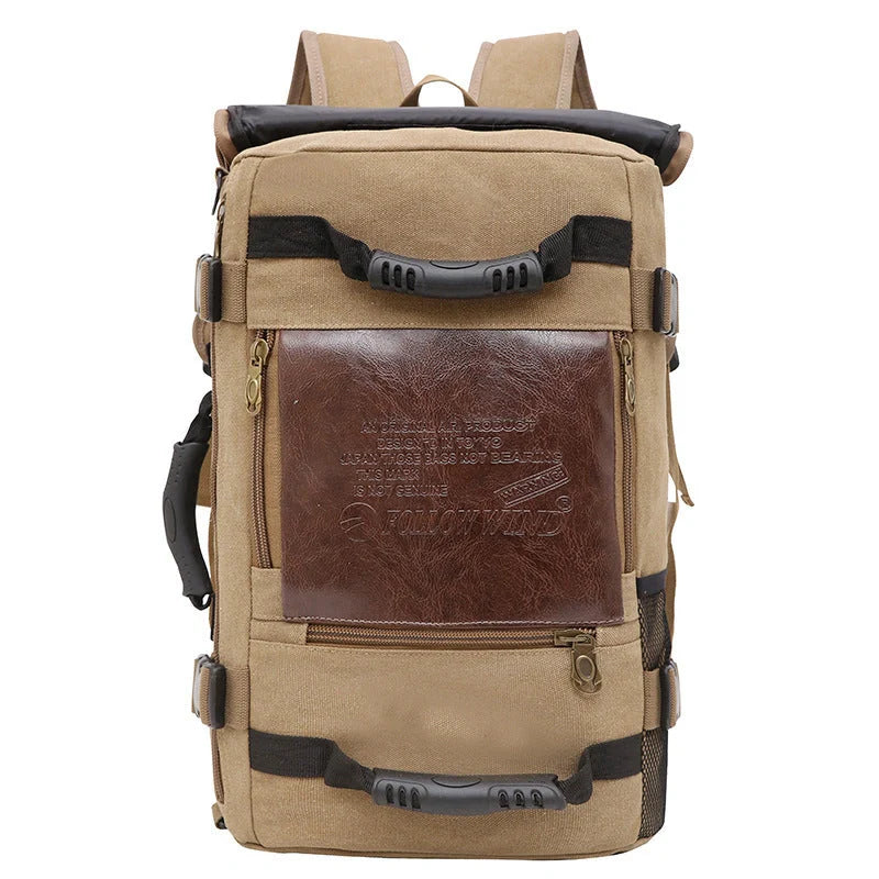 Men's canvas backpack with reinforced handle and multiple pockets