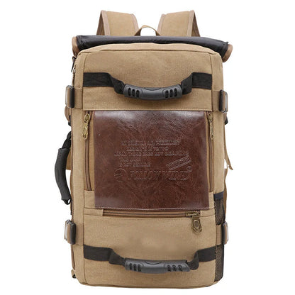 Men's canvas backpack with reinforced handle and multiple pockets