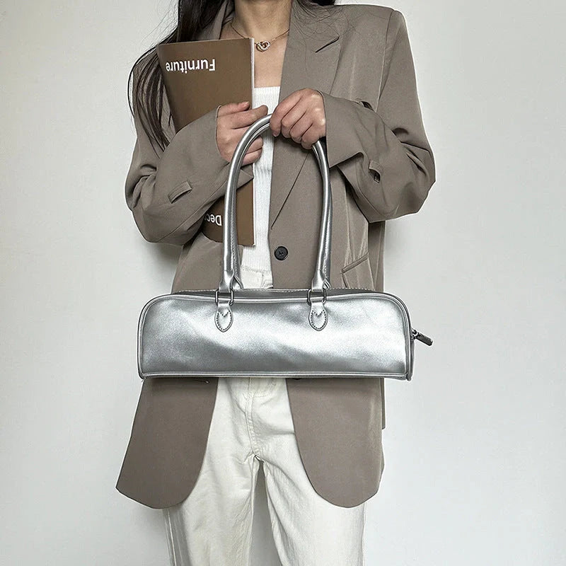 Stylish retro PU women's stick bag in white, silver, black, and brown for leisure and daily use