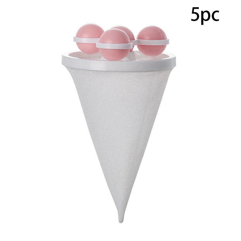 Gyroscopic Washing Machine Filter Pouch in purple, blue, and pink for lint and hair removal