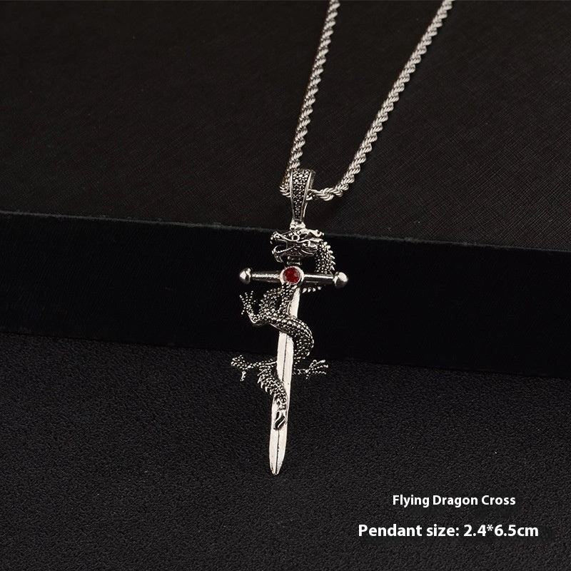 Stylish dragon sword pendant necklace with paved black colour and large hemp flowers chain, a premium accessory for men and boys