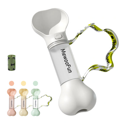 Mewoofun 2-in-1 leak-proof pet water bottle with adjustable strap and poop bag storage