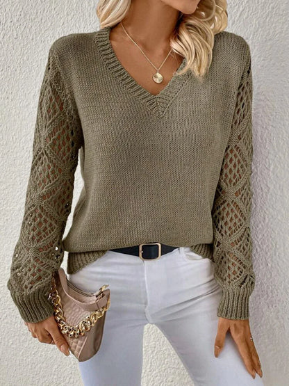 Stylish V-Neck Sweater with Trendy Hollow Sleeves for Women in Variety of Classic Colors