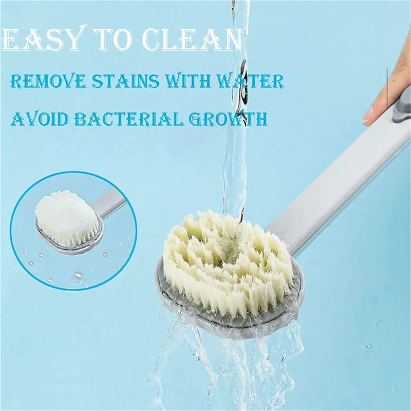 Ergonomic dual-purpose shower brush with detachable head in yellow, grey, green, and pink