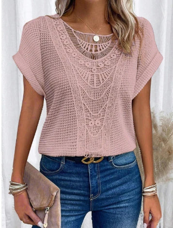 Trendy hollowed-out short-sleeve t-shirt for women in various colors and sizes