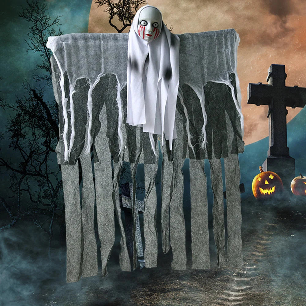 Skeleton Hanging Ghost Halloween Decoration floating eerily in the wind
